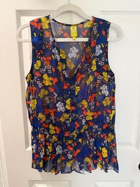 QMack Blue Floral V-Neck Peplum sleeveless blouse